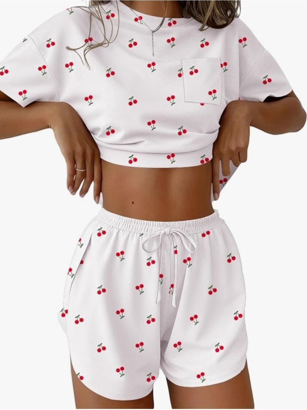 Women’s White Cherry Print Sleep Set 2 PC New With Tags Size Large